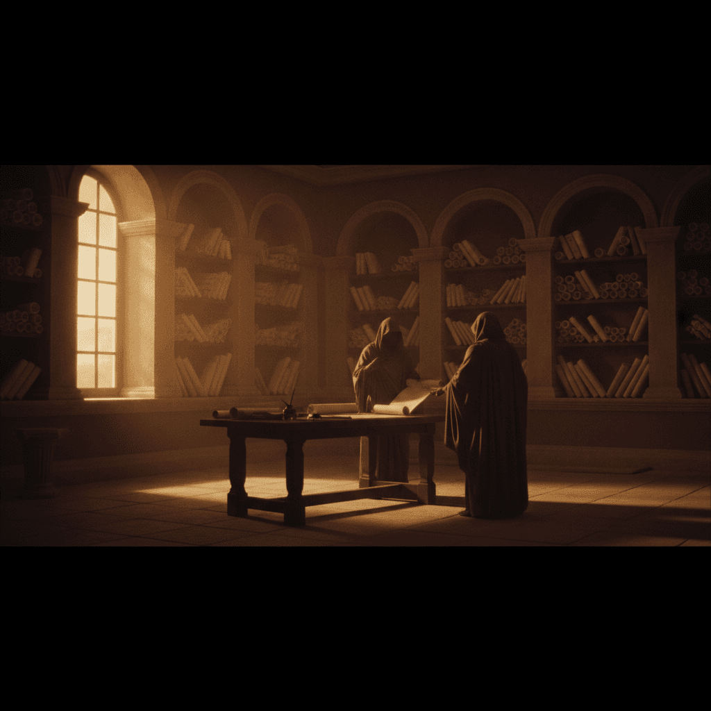 Interior de uma biblioteca antiga, com nichos de rolos de papiro e uma mesa de leitura